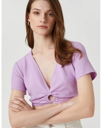Tricou crop cu decolteu in V, Lila