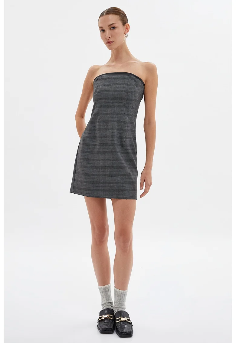 Rochie in carouri cu decolteu pe umeri, Gri