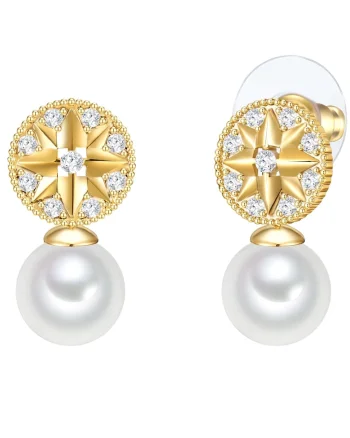 Cercei drop placati cu aur 14K si decorati cu cristale si perle sintetice, Auriu