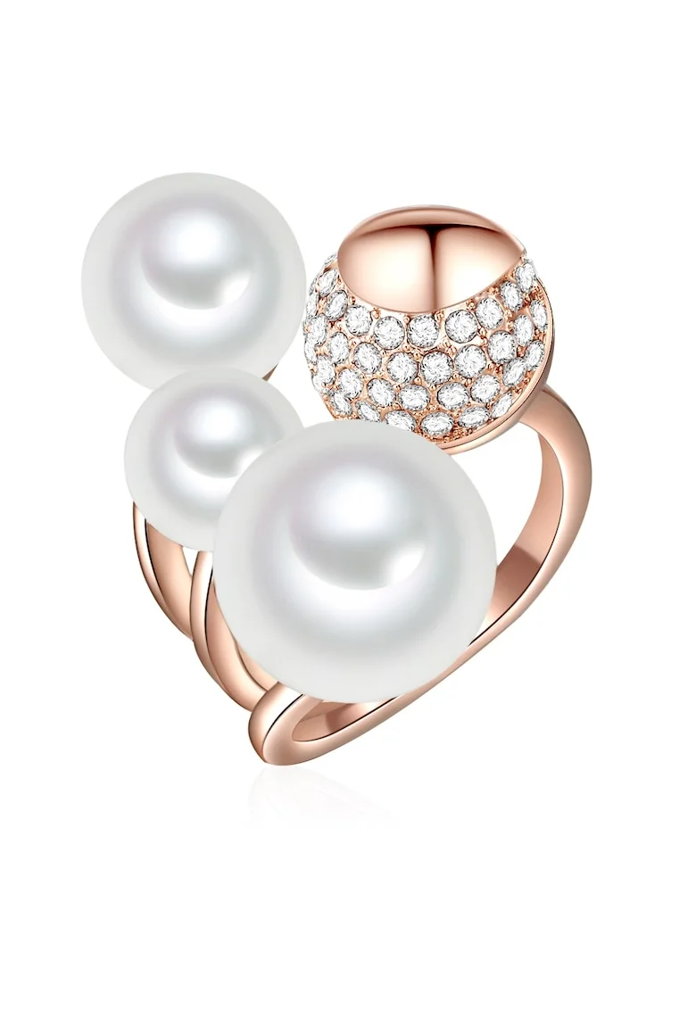Inel placat cu aur de 14K si decorat cu cristale si perle sintetice 22557, Auriu rose