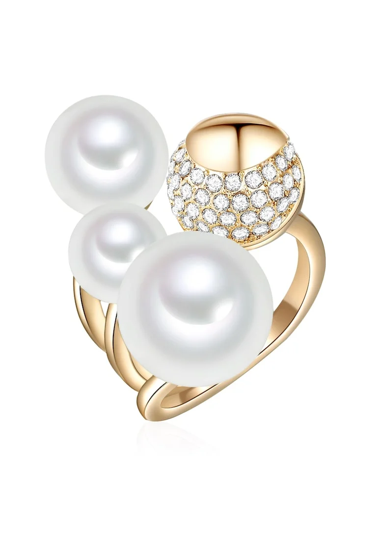 Inel placat cu aur de 14K si decorat cu cristale si perle sintetice 22557, Auriu