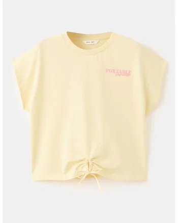Tricou cu imprimeu si prindere decorativa, Galben deschis