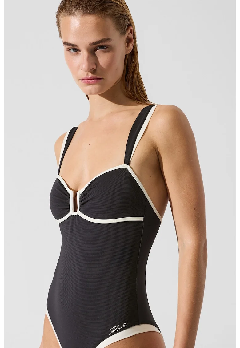 Costum de baie intreg cu segmente contrastante, Alb fildes/Negru