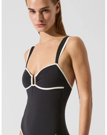 Costum de baie intreg cu segmente contrastante, Alb fildes/Negru