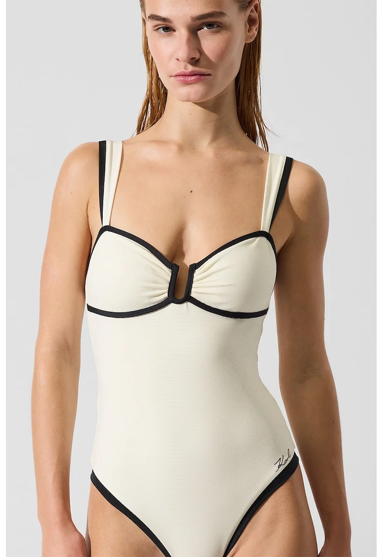 Costum de baie intreg cu segmente contrastante, Negru/Alb murdar