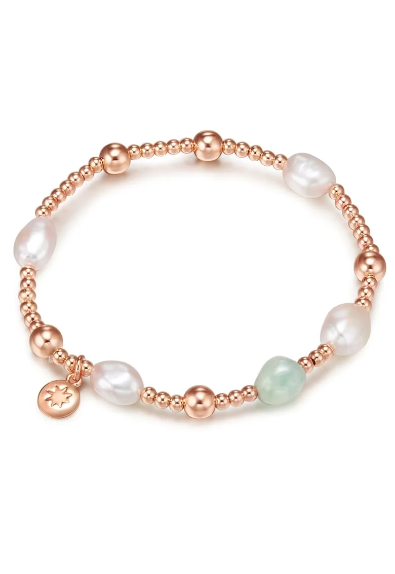 Bratara placata cu aur de 14K si decorata cu perle si acvamarin, Auriu rose