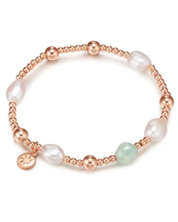 Bratara placata cu aur de 14K si decorata cu perle si acvamarin, Auriu rose
