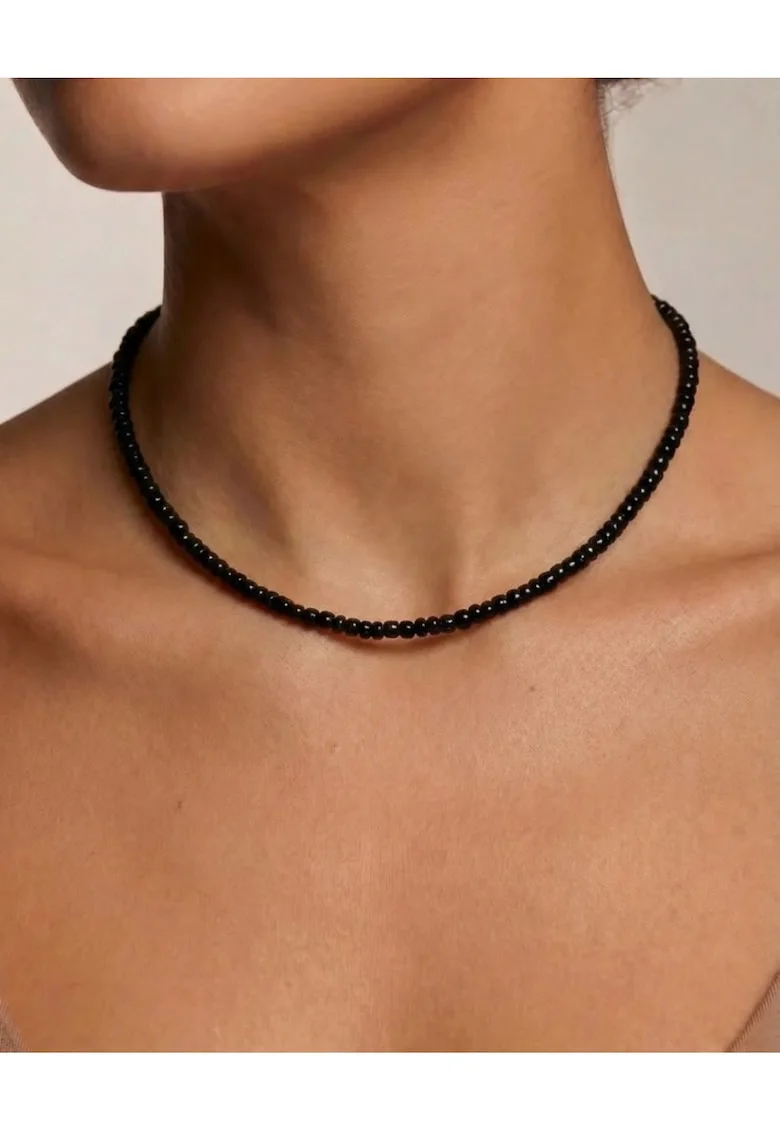 Colier cu margele negre si inchidere din Argint 925, reglabil