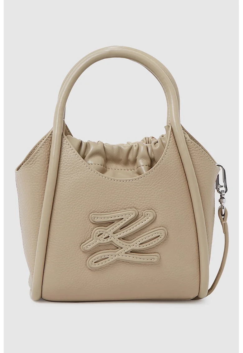 Geanta de piele cu maner si logo, Maro taupe deschis