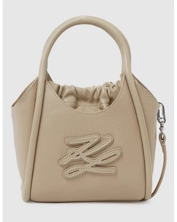 Geanta de piele cu maner si logo, Maro taupe deschis