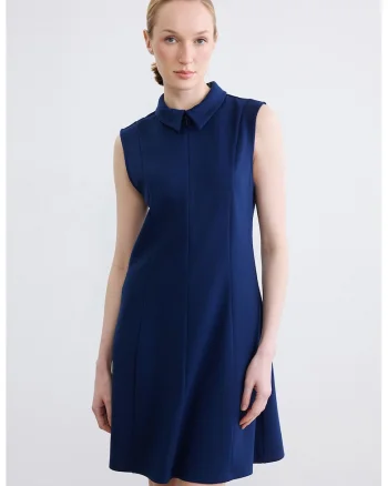 Rochie mini uni cu guler clasic, Albastru inchis