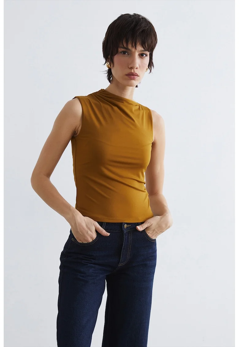 Bluza drapata cu decolteu barcuta, Galben mustar/Ocru