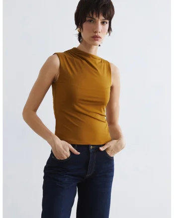Bluza drapata cu decolteu barcuta, Galben mustar/Ocru