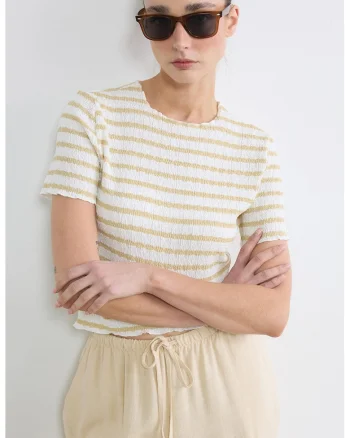 Tricou cu model si aspect texturat, Alb murdar/Galben mustar
