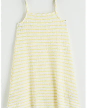 Rochie fara maneci cu model in dungi si aspect texturat, Galben pal/Alb murdar