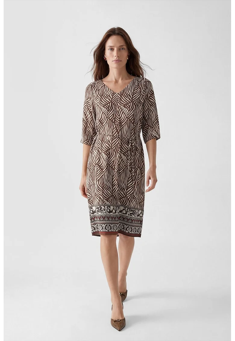 Rochie cu decolteu in V, model si cordon in talie, Maro cognac/Alb murdar