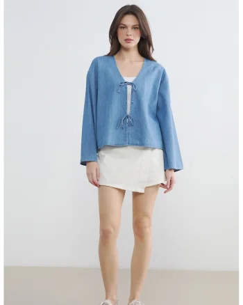 Fusta-pantalon mini din denim, Alb