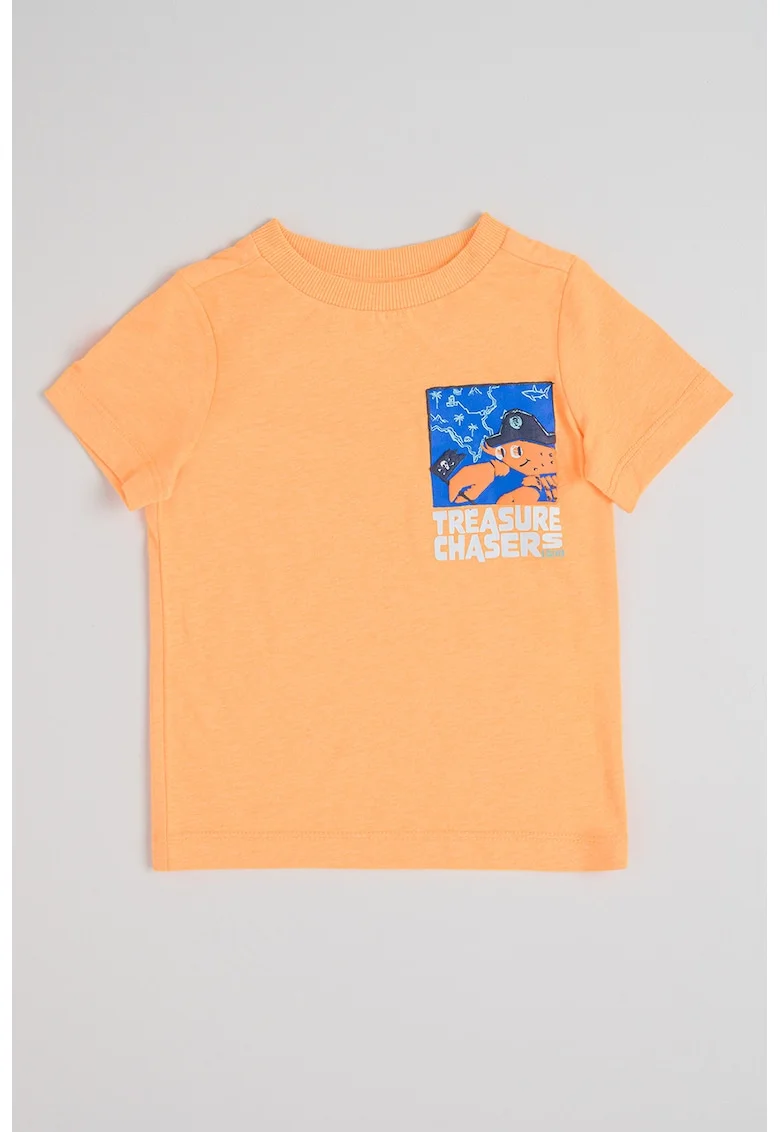 Tricou cu decolteu la baza gatului si imprimeu cu pirat, Portocaliu/Albastru