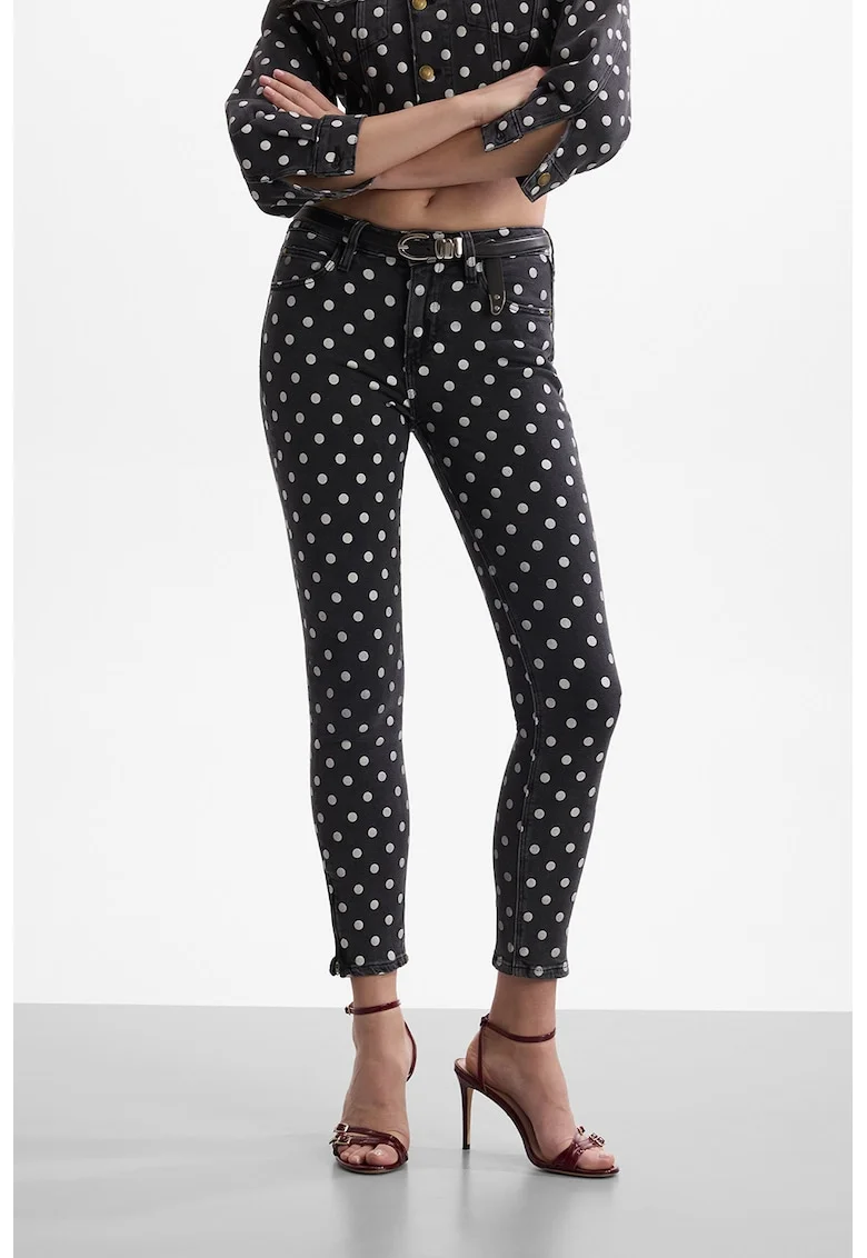 Blugi skinny crop cu model cu buline, Alb/Negru