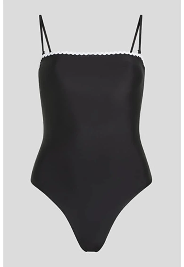 Costum de baie intreg cu bretele inguste, Alb/Negru