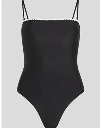 Costum de baie intreg cu bretele inguste, Alb/Negru