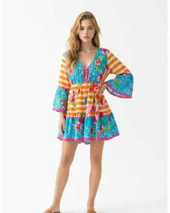 Rochie scurta de vara din bumbac cu imprimeu multicolor Positano Amalfi