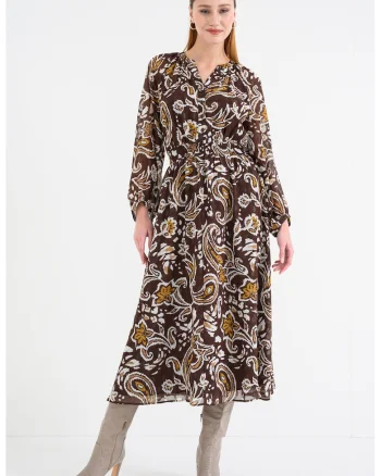Rochie lunga cu imprimeu floral, Alb/Maro inchis/Galben mustar