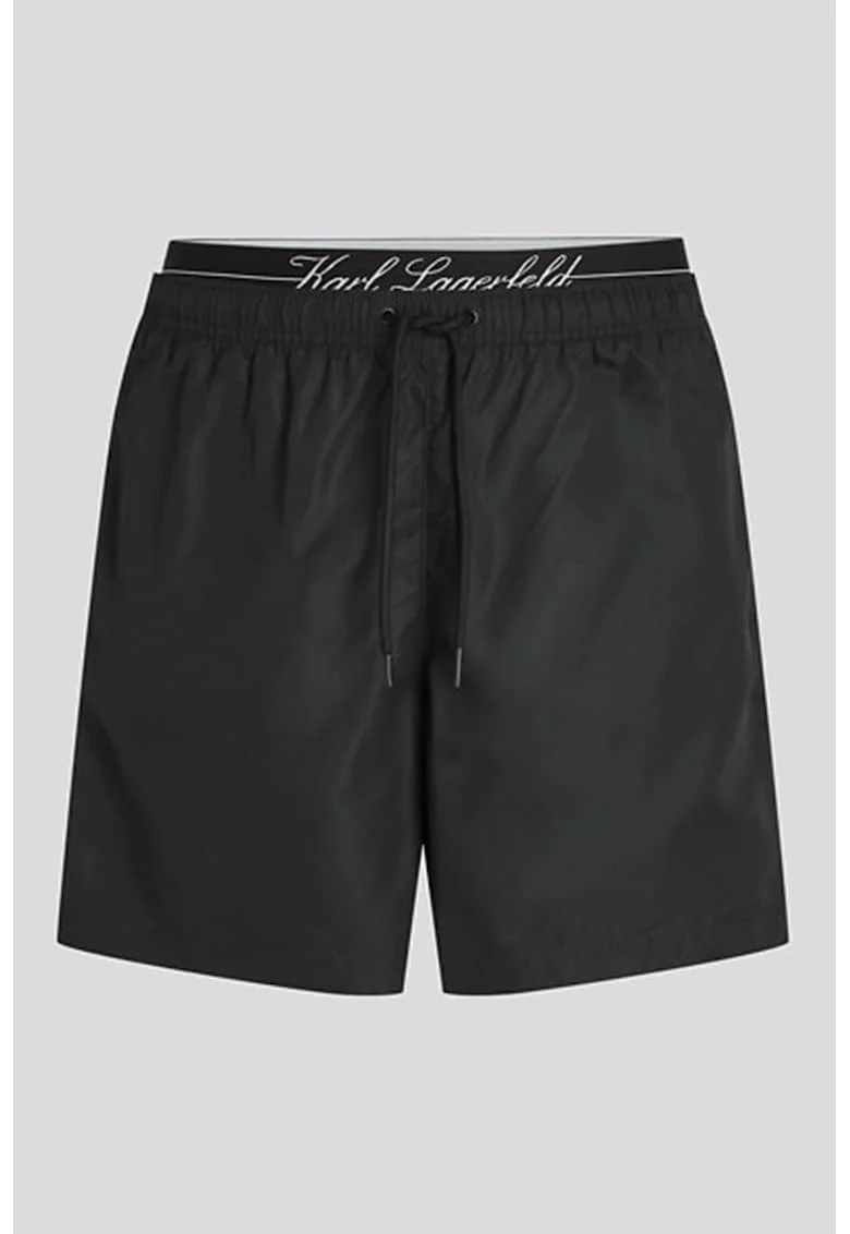 Pantaloni scurti de baie cu snur de ajustare in talie, Negru