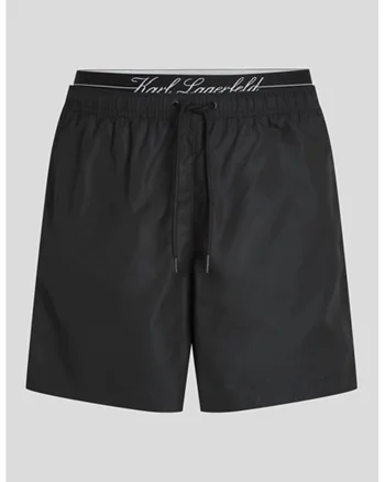 Pantaloni scurti de baie cu snur de ajustare in talie, Negru