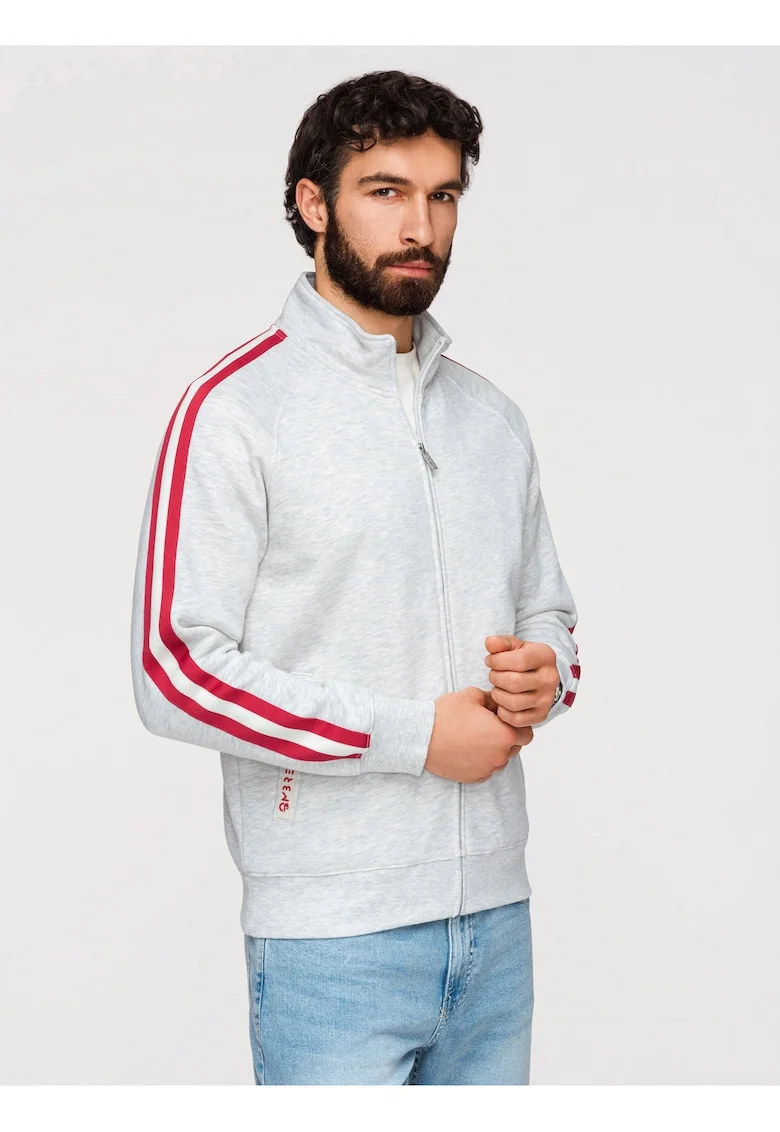 Bluza Barbati cu Fermoar, Guler Inalt si Detalii Sportive, Gri deschis melange