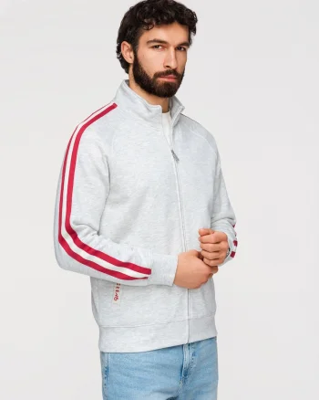 Bluza Barbati cu Fermoar, Guler Inalt si Detalii Sportive, Gri deschis melange