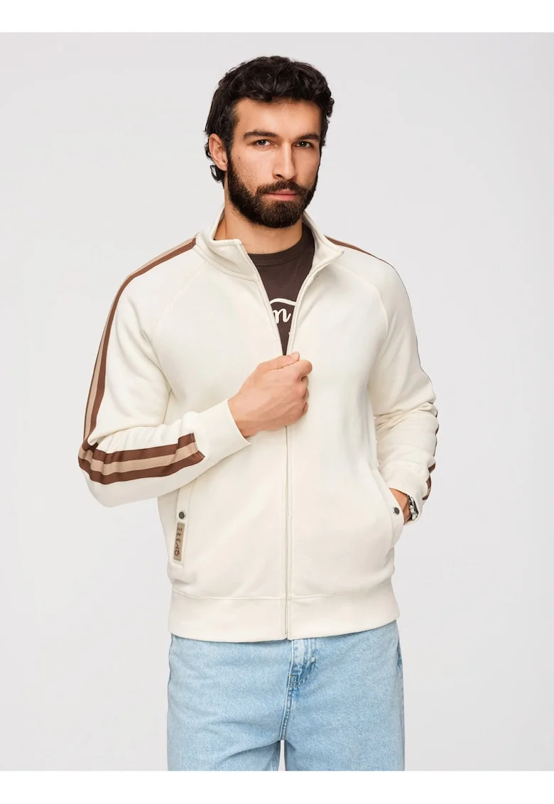 Bluza Barbati cu Fermoar, Guler Inalt si Detalii Sportive, Crem