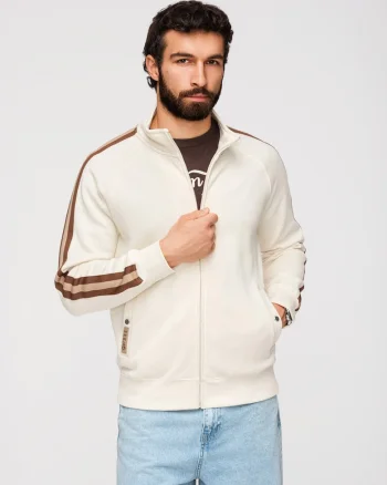 Bluza Barbati cu Fermoar, Guler Inalt si Detalii Sportive, Crem