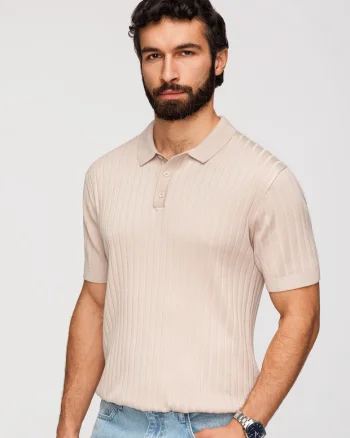 Tricou Polo Barbati Slim Fit Tricotat cu Vascoza, Bej