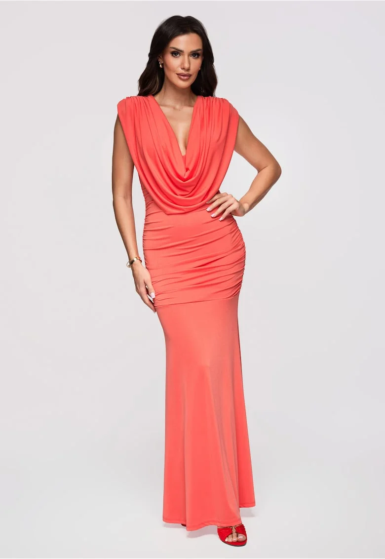 Rochie maxi cu decolteu in V si croiala ajustata, Coral