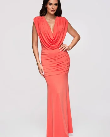 Rochie maxi cu decolteu in V si croiala ajustata, Coral