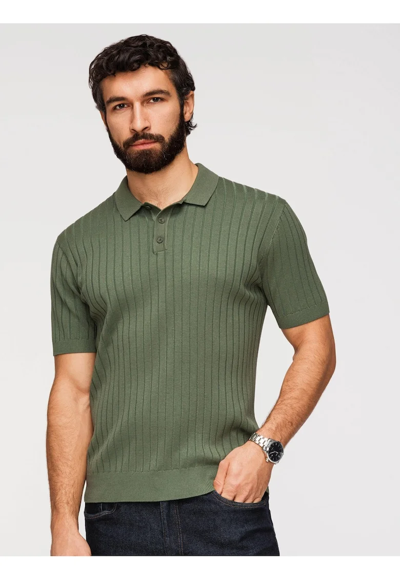 Tricou Polo Barbati Slim Fit Tricotat cu Vascoza, Verde masliniu