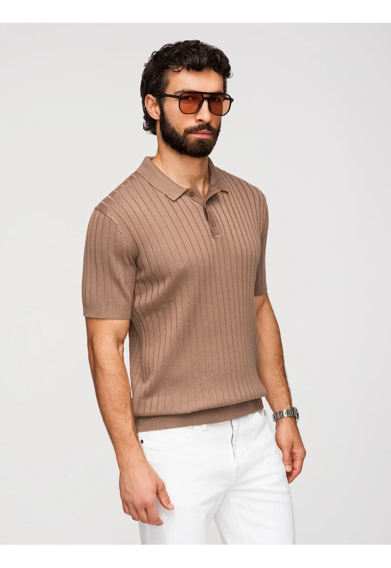 Tricou Polo Barbati Slim Fit Tricotat cu Vascoza, Maro