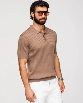 Tricou Polo Barbati Slim Fit Tricotat cu Vascoza, Maro