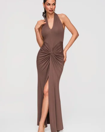 Rochie maxi de seara, croiala mulata, cu decolteu halter si detalii drapate, Maro