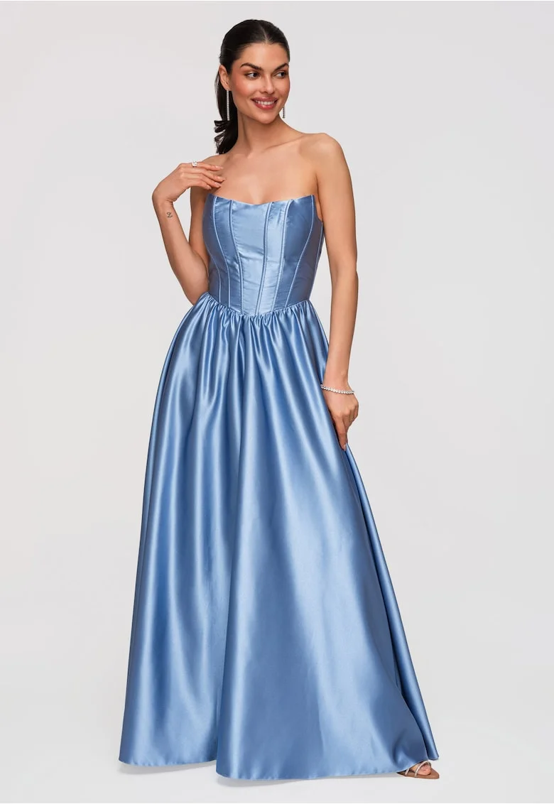 Rochie maxi de seara, croi elegant, material satinat, cu bretele ajustabile, Albastru