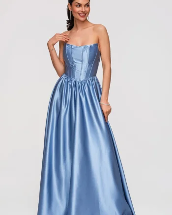 Rochie maxi de seara, croi elegant, material satinat, cu bretele ajustabile, Albastru