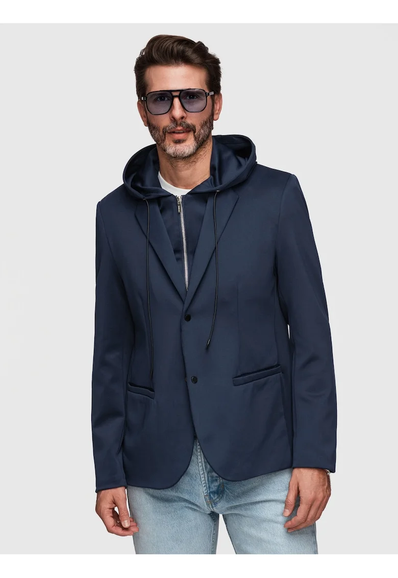 Sacou Barbati Elegant cu Gluga Ajustabila si Inchidere cu Capse, Bleumarin