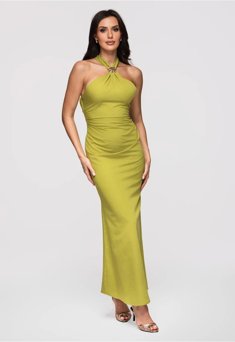 Rochie maxi cu decolteu halter si material elastic, Verde