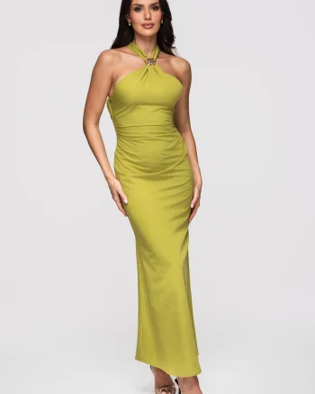 Rochie maxi cu decolteu halter si material elastic, Verde