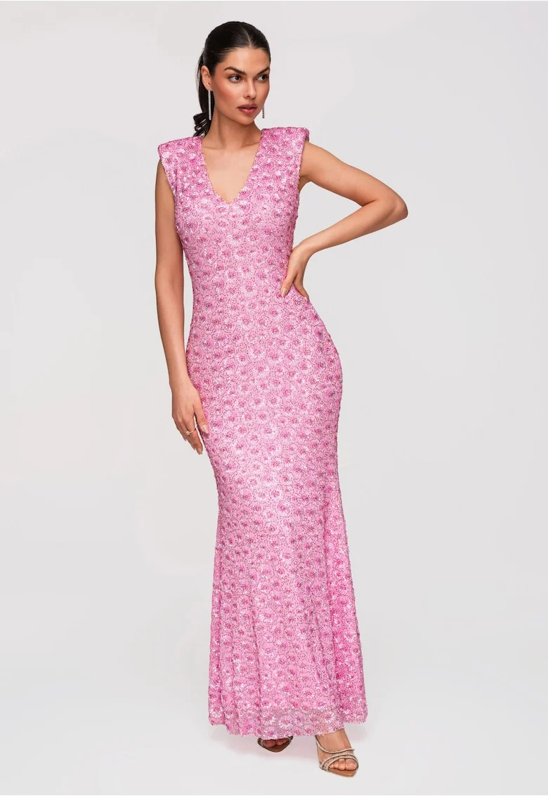 Rochie Maxi de Seara cu Paiete Elegante, Croiala Slim-Fit, Roz