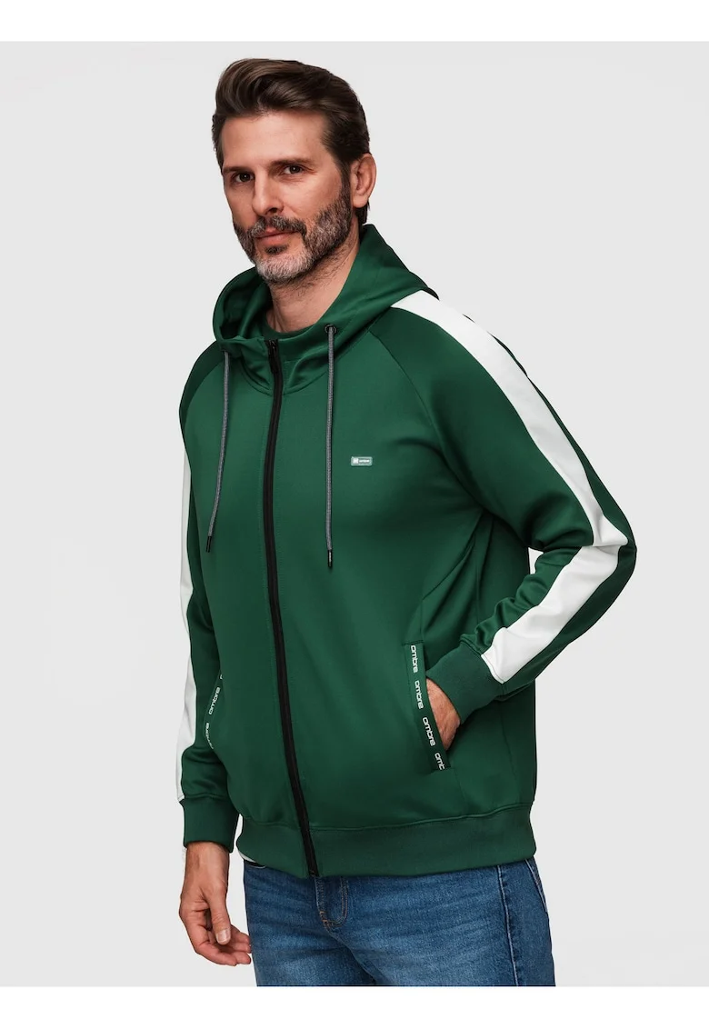 Hanorac sport cu fermoar si gluga, material elastic, croiala regular fit, Verde inchis