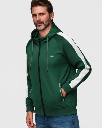 Hanorac sport cu fermoar si gluga, material elastic, croiala regular fit, Verde inchis