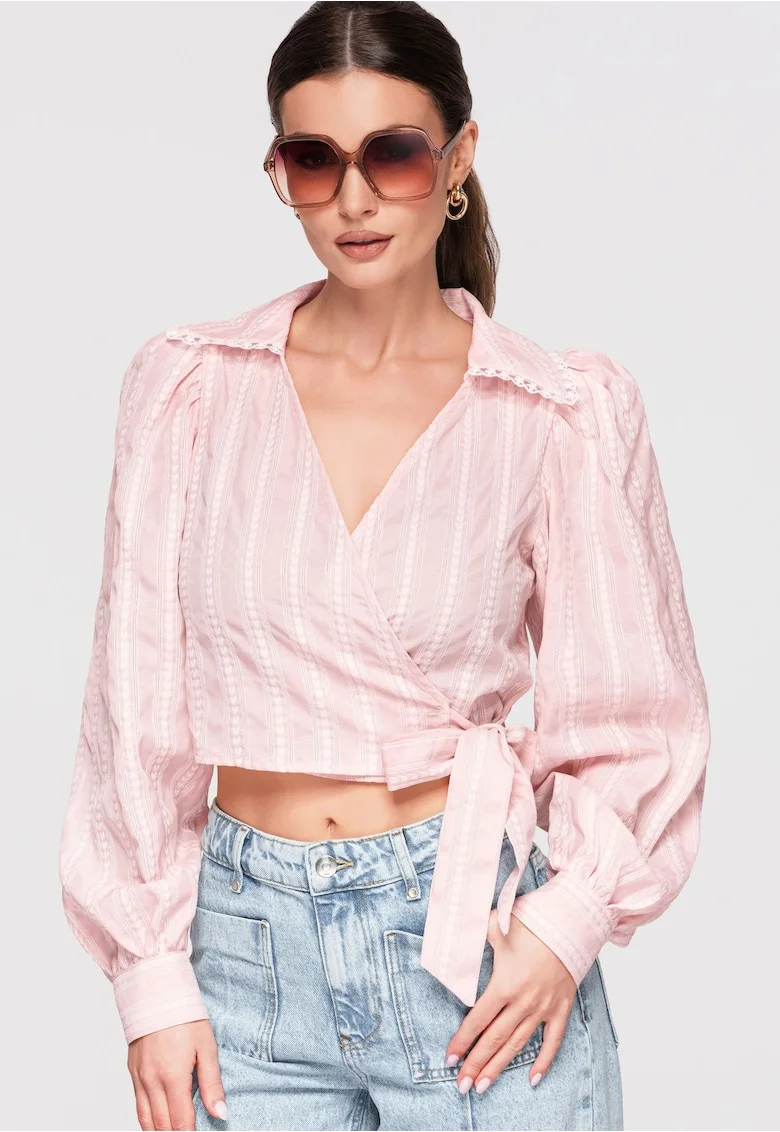 Bluza tip ie, cu maneci lungi, structura verticala, croiala moderna, Roz