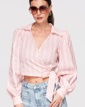 Bluza tip ie, cu maneci lungi, structura verticala, croiala moderna, Roz